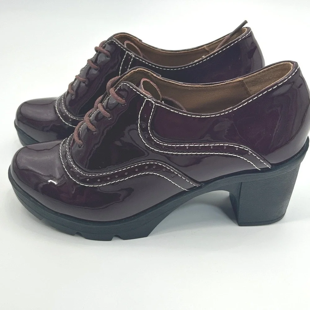 Womens Burgundy Patent Lace Up‎ Oxford Platform Chunky Heel Lug Sole Shoe Size 7